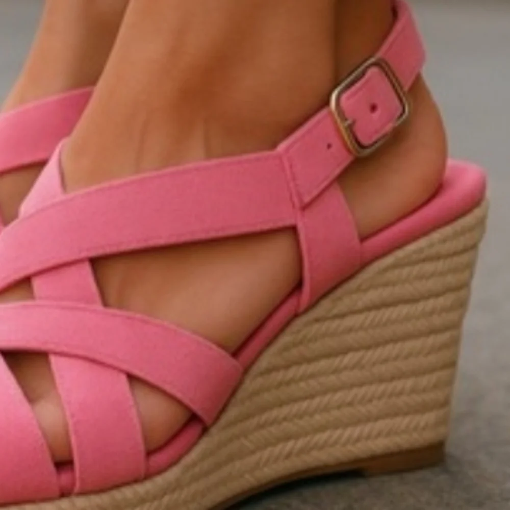 Pink Women's Wedge Sandals - Casual Strappy Slingback - Picture 5 of 6